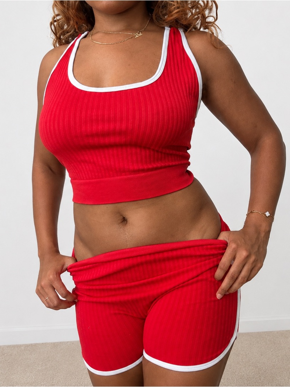 Ribbed Red Tank & Shorts workout
